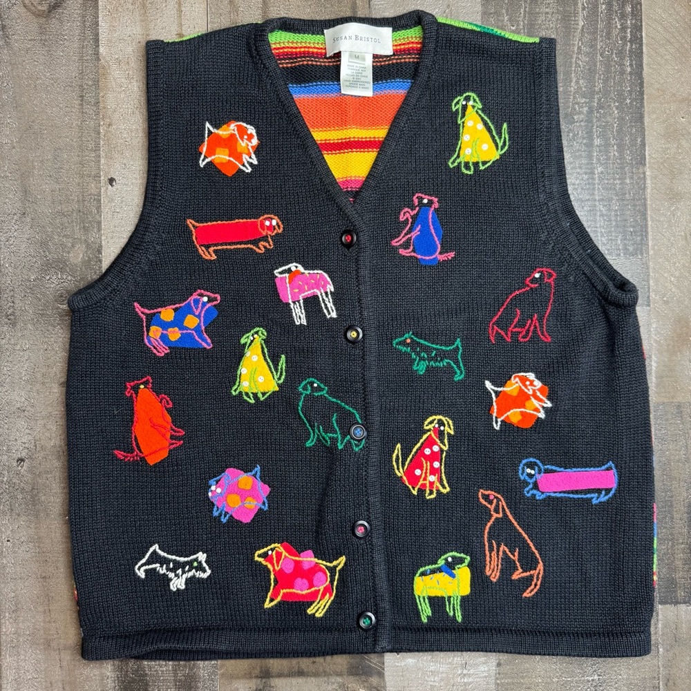 Susan Bristol Black V-Neck Sweater Vest with Multicolor Dog Appliqués